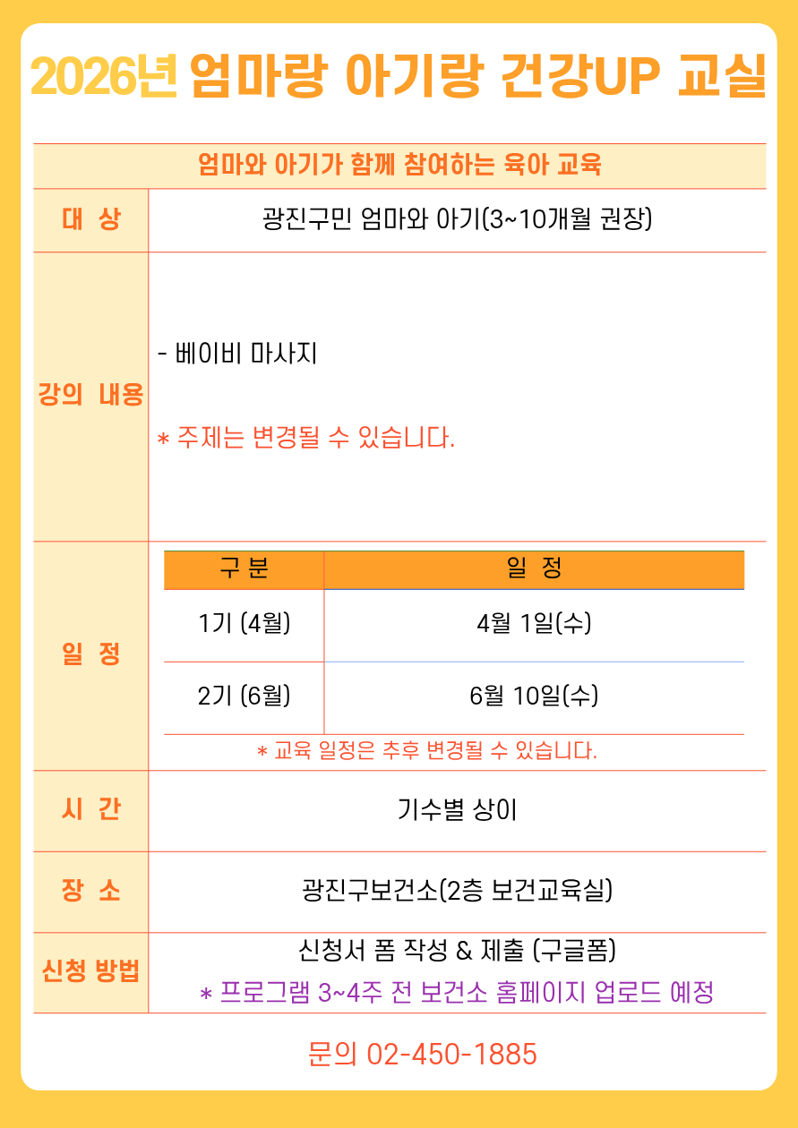 2026년 엄마랑 아기랑 건강UP 교실 안내. 엄마와 아기가 함께 참여하는 육아 교육. 대상은 광진구민 엄마와 아기(3~10개월 권장). 강의 내용은 베이비 마사지이며, 주제는 변경될 수 있음. 일정은 1기 4월 1일(수), 2기 6월 10일(수). 교육 일정은 추후 변경될 수 있음. 시간은 기수별 상이. 장소는 광진구보건소 2층 보건교육실. 신청 방법은 신청서 폼 작성 및 제출(구글폼), 프로그램 3~4주 전 보건소 홈페이지 업로드 예정. 문의 전화 02-450-1885.